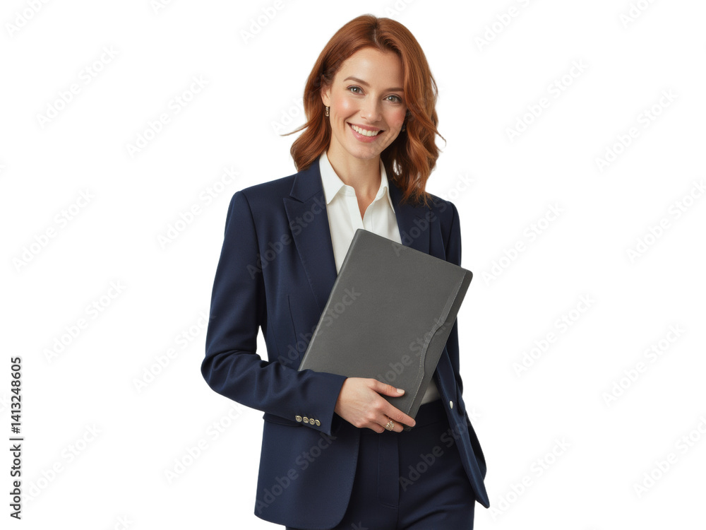Business portrait isolated on white transparent background: A confident businesswoman with auburn hair smiles warmly while holding a tablet and wearing a navy blue suit. Business portrait isolated on white transparent background: A confident businesswoman with auburn hair smiles warmly while holding a tablet and wearing a navy blue suit.