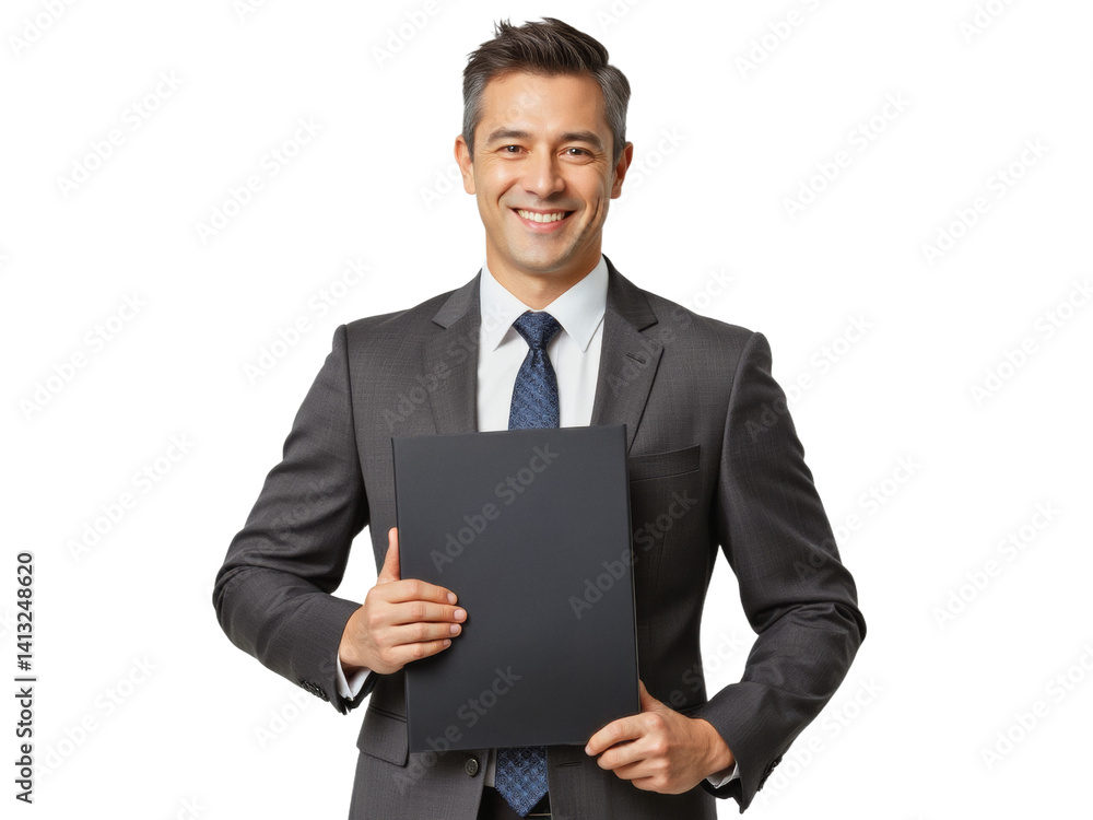 Business portrait isolated on white transparent background: A smiling Asian man in a dark suit and tie confidently holds a black folder, presenting a professional and approachable demeanor. Business portrait isolated on white transparent background: A smiling Asian man in a dark suit and tie confidently holds a black folder, presenting a professional and approachable demeanor.