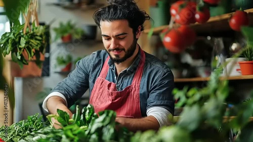 Focused Gardener Arranging Fresh Greens in a Lush Indoor Garden Ambiance