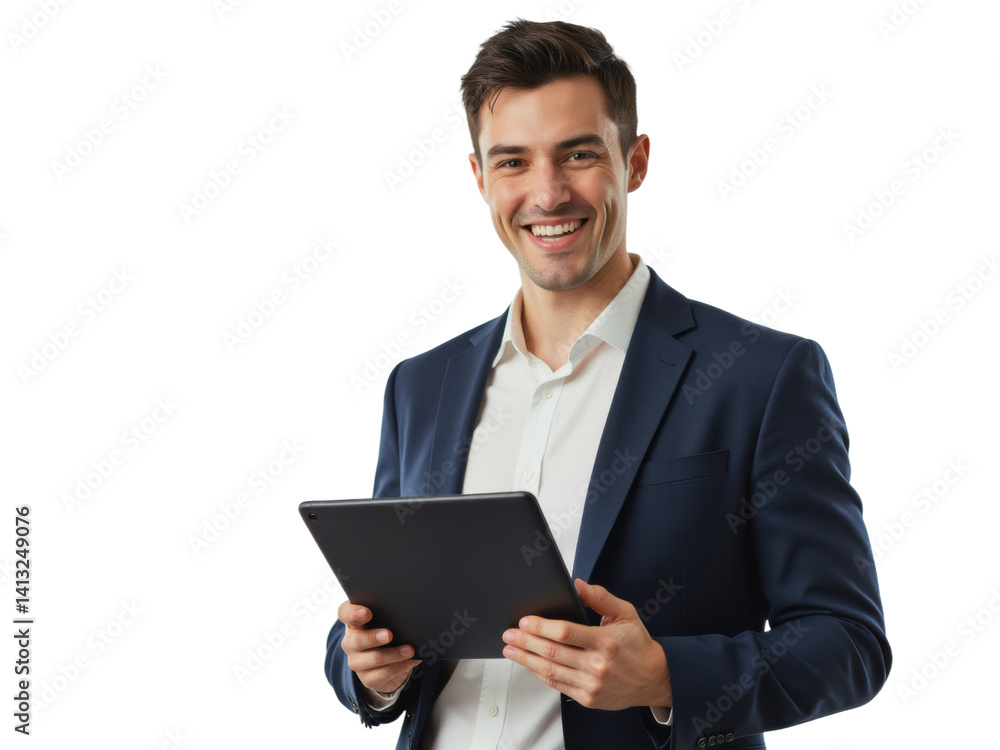 Business portrait isolated on white transparent background: A smiling businessman in a navy suit and white shirt confidently holds a tablet while looking directly at the viewer against a plain white Business portrait isolated on white transparent background: A smiling businessman in a navy suit and white shirt confidently holds a tablet while looking directly at the viewer against a plain white