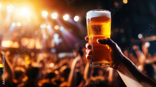 Obraz na płótnie Young person enjoys live concert, sweat glistening, gripping cold beer tightly as crowd surges with music beat w salonie