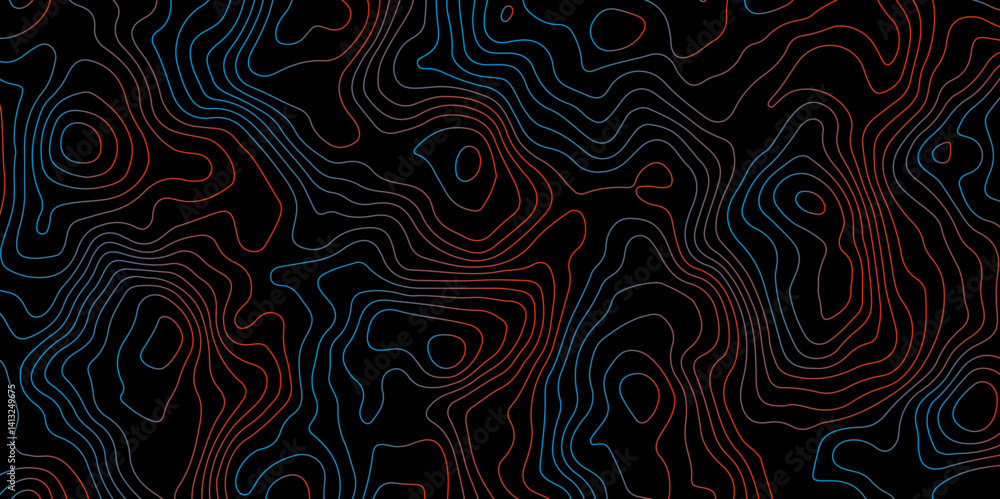 Abstract Glowing Contour Lines on Dark Background. Digital Elevation Map with Neon Light Effect. Dark Abstract Background with Colorful Topo Lines