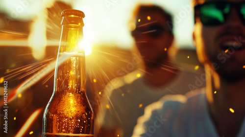 Quadro su tela Music lovers in motion blur behind focused beer bottle, sunlight flaring, energy