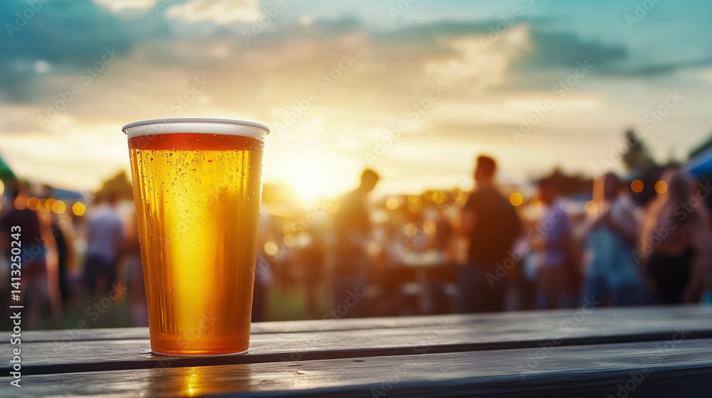 Golden beer in plastic cup captured against glowing festival horizon, laughter and music echo in joyful background