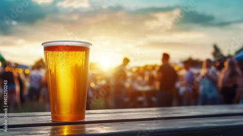 Golden beer in plastic cup captured against glowing festival horizon, laughter and music echo in joyful background