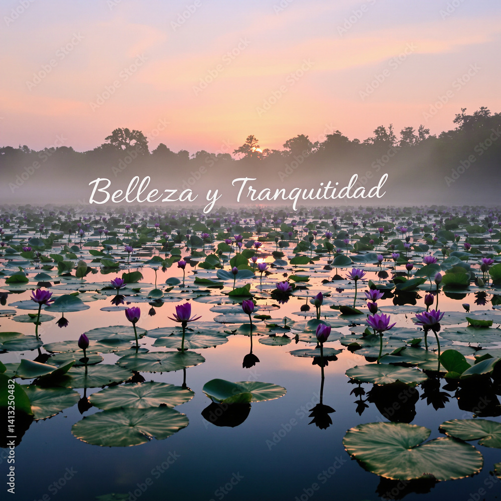 Tranquil Lotus Pond at Dusk with Serenity Quote