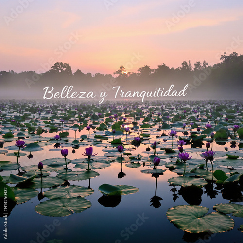 Obraz na płótnie Tranquil Lotus Pond at Dusk with Serenity Quote w salonie