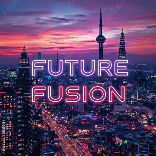 Obraz na płótnie Twilight Cityscape of Tomorrow: 'Future Fusion' in Neon Glow w salonie