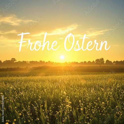 Obraz na płótnie Dew-Kissed Meadow with a Sunrise Church Service and 'Happy Easter' in the Sky w salonie