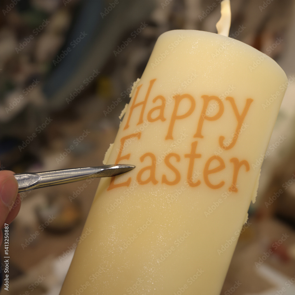 Handcrafted 'Happy Easter' Candle Carving with Traditional Tools