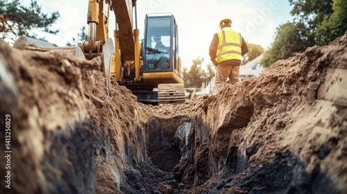 Construction worker operating an excavator to dig a foundation trench. Featuring strength and precision