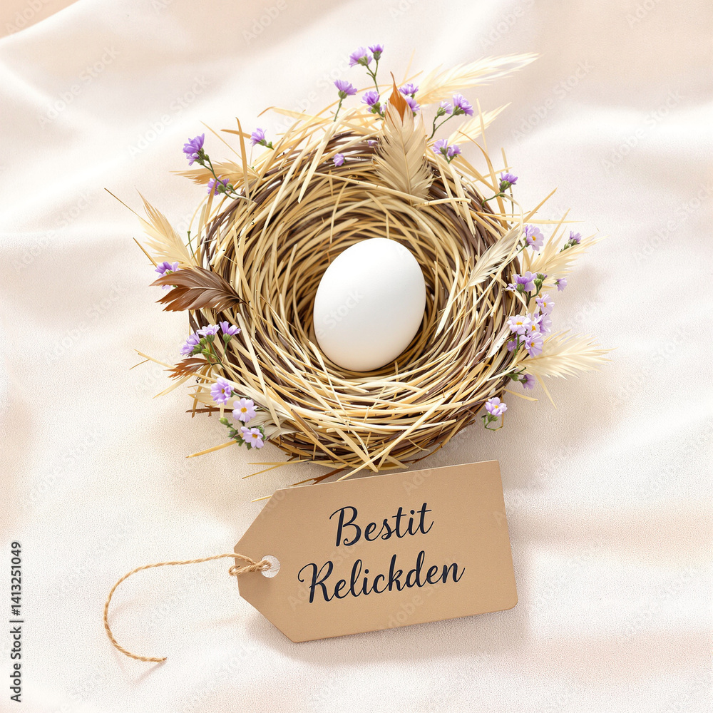 Elegant Easter Nest with Purple Flowers and Handwritten Tag