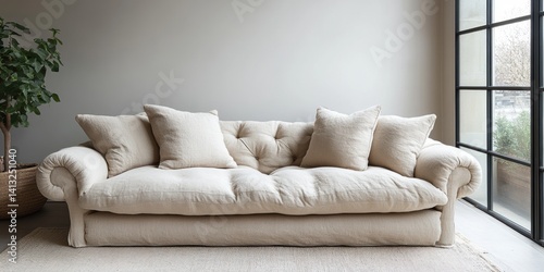 Comfortable and stylish cream-colored linen sofa with fluffy pillows in a bright, modern living room