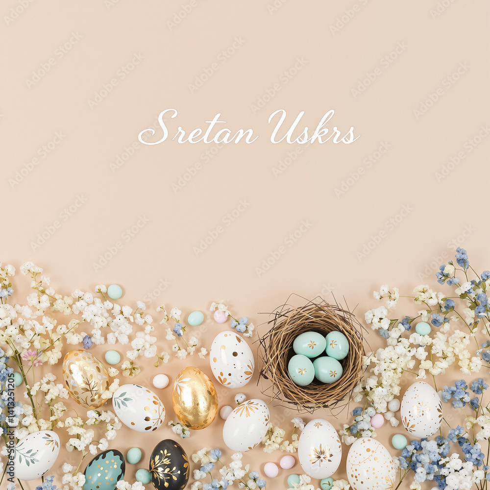 Elegant Pastel Easter Composition with 'Sretan Uskrs' and Floral Accents