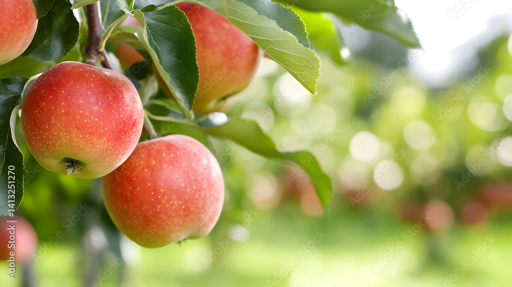 Fresh apples hanging from a tree branch. Fresh apples hanging from a tree branch.