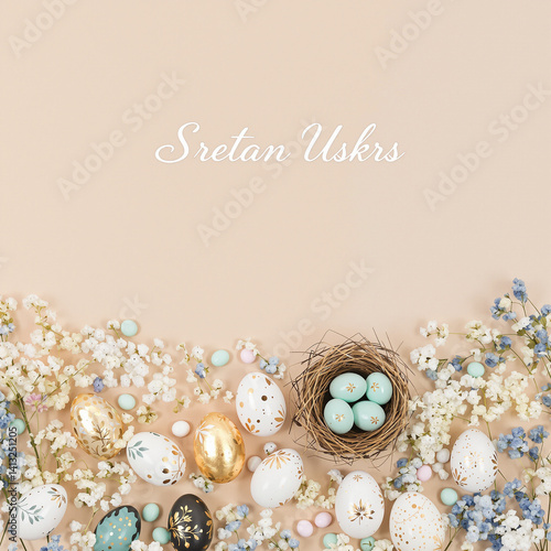 Obraz na płótnie Elegant Pastel Easter Composition with 'Sretan Uskrs' and Floral Accents w salonie