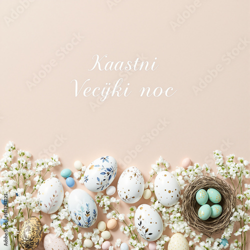 Obraz na płótnie Elegant Pastel Easter Composition with Botanical Details (English) w salonie