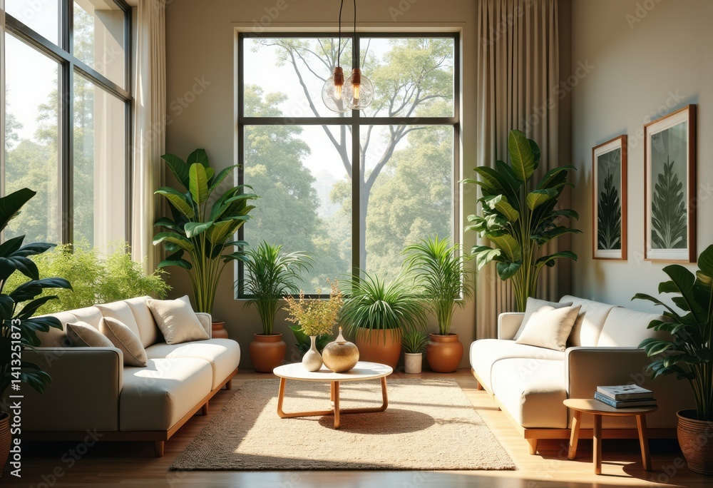 Fototapeta premium stylish modern interior design bright natural light abundant indoor plants cozy atmosphere serene ambiance aesthetic decor elements, home, space, greenery
