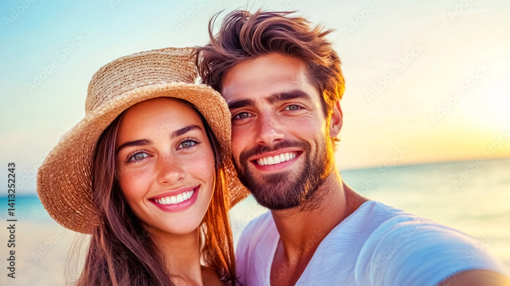 Fototapeta premium Happy couple taking a selfie on beach at sunset