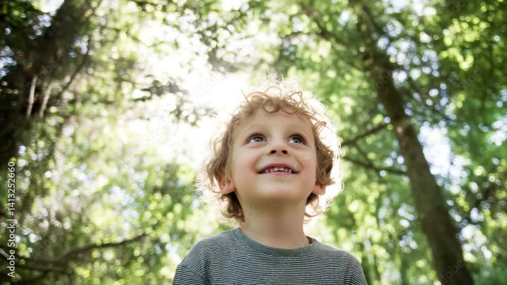 Pure Wonder: A young child looks upwards at the canopy, his eyes filled with a sense of awe and joy. The vibrant colors and playful light of nature make the scene come to life Pure Wonder: A young child looks upwards at the canopy, his eyes filled with a sense of awe and joy. The vibrant colors and playful light of nature make the scene come to life