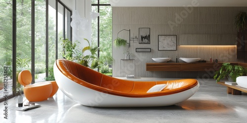 Stylish Interior Design: Modern Living Room with Orange Sofa and Lush Greenery, Creating a Relaxing Ambiance