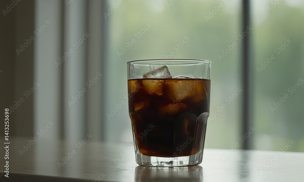 Refreshing iced coffee beverage with ice cubes on a bright sunny morning Refreshing iced coffee beverage with ice cubes on a bright sunny morning