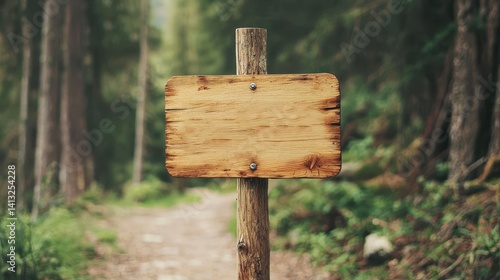 A wooden sign stands on a forest path, surrounded by greenery, inviting exploration but lacking any visible information.