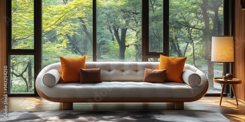 Peaceful interior with modern sofa and large windows overlooking lush greenery, creating a serene atmosphere