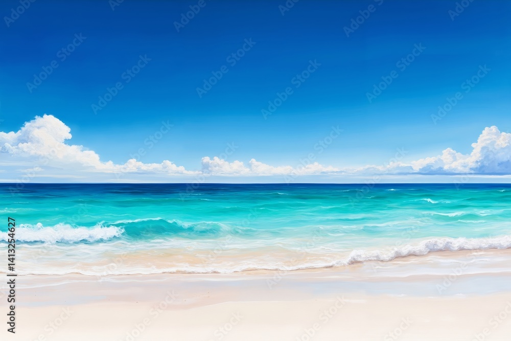 Obraz premium A painting of a beach scene with a blue sky and white clouds