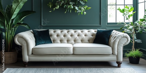 Elegant living room interior design featuring a tufted sofa, plants, and natural light