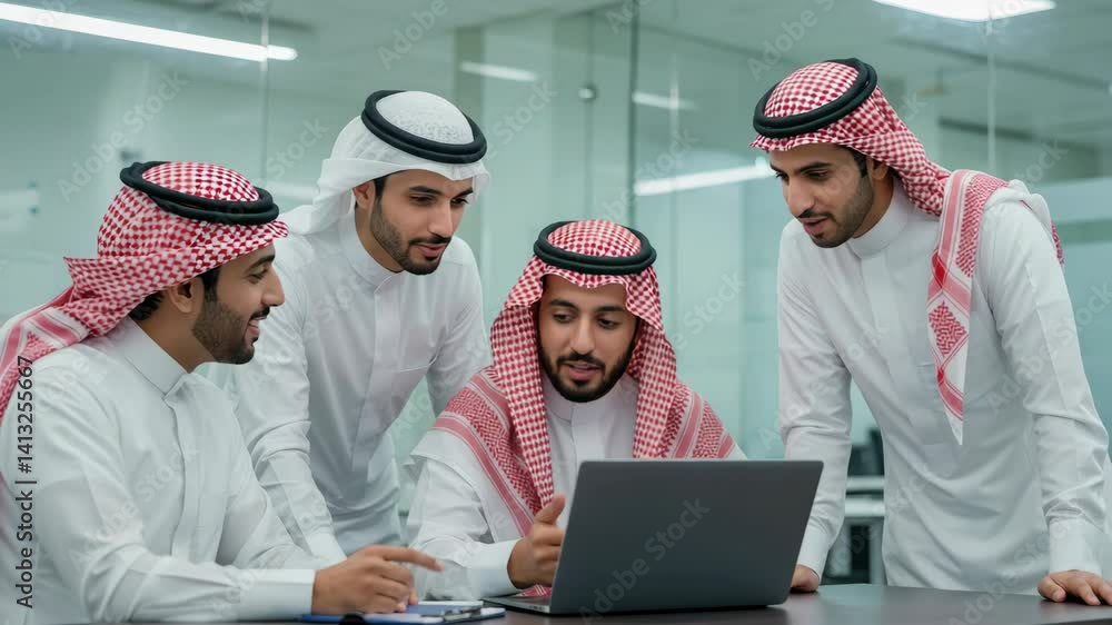 custom made wallpaper toronto digitalSaudi business team in traditional attire collaborating on laptop in office, ideal for teamwork, corporate planning, or business culture in Middle East settings.