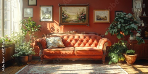 Elegant Living Room: Orange Chesterfield Sofa, Lush Plants, and Warm Sunlight
