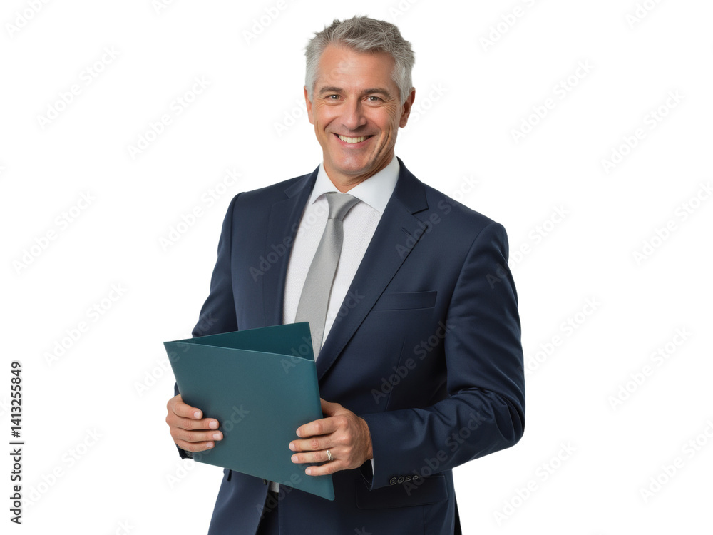 Business portrait isolated on white transparent background: A mature, gray-haired businessman in a navy suit and tie confidently smiles while holding a dark green folder. Business portrait isolated on white transparent background: A mature, gray-haired businessman in a navy suit and tie confidently smiles while holding a dark green folder.