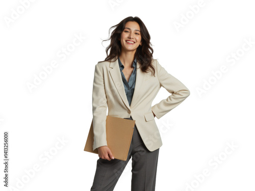 Business portrait isolated on white transparent background: A smiling young woman with long brown hair confidently stands with a folder, dressed in a beige blazer and gray trousers against a plain w