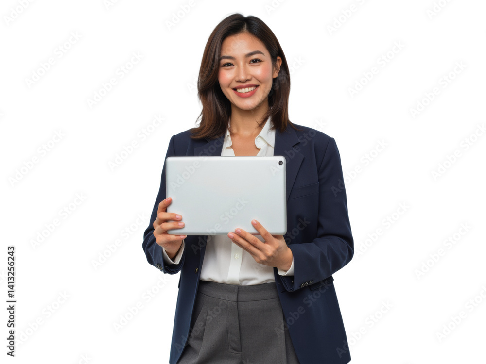 Business portrait isolated on white transparent background: A smiling Asian woman in a navy blazer and grey pants confidently holds a tablet, presenting its screen to the viewer against a plain whit Business portrait isolated on white transparent background: A smiling Asian woman in a navy blazer and grey pants confidently holds a tablet, presenting its screen to the viewer against a plain whit