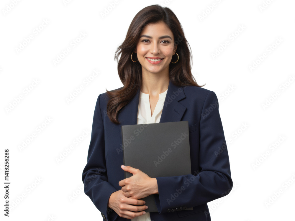 Business portrait isolated on white transparent background: A confident woman in a navy blazer and white blouse smiles directly at the camera while holding a black portfolio. Business portrait isolated on white transparent background: A confident woman in a navy blazer and white blouse smiles directly at the camera while holding a black portfolio.