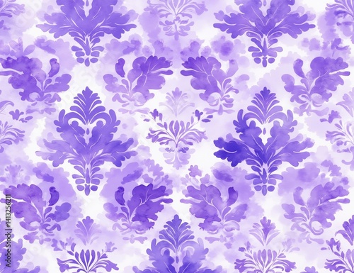 A purple and white watercolor floral pattern on a white background