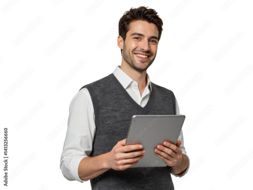 Business portrait isolated on white transparent background: A smiling young man with short brown hair holds a tablet while wearing a gray vest over a white shirt against a plain white background. Business portrait isolated on white transparent background: A smiling young man with short brown hair holds a tablet while wearing a gray vest over a white shirt against a plain white background.