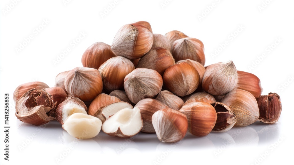 Pile of Hazelnuts with Open Shell on White Background Pile of Hazelnuts with Open Shell on White Background