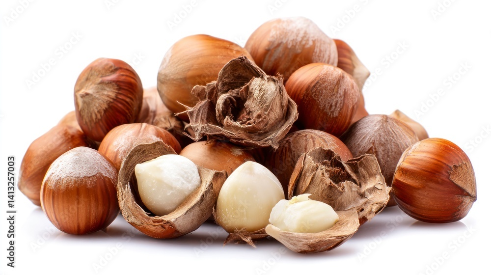 Pile of Hazelnuts with Some Shelled on White Background Pile of Hazelnuts with Some Shelled on White Background