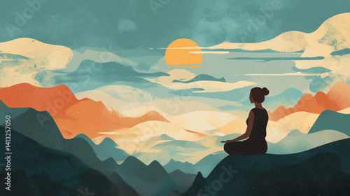 Illustration of a woman practicing meditation, yoga, and relaxation in her calm mountains, with tranquility, peaceful mind, well-being, and serenity - Generated by Generative AI