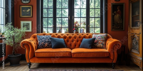 Cozy Interior with Orange Sofa, Pillows, Window and Plants