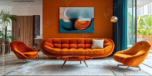 Stylish Living Room with Orange Sofa, Armchairs, Abstract Art, and Natural Light in a Modern Home Interior