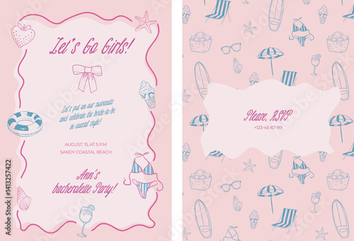 Pink Whimsical style bachelorette party invitation with bow - vector template. Flirtatous girly card for feminine coastal party with summer theme