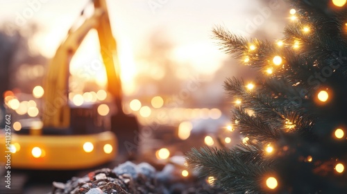 Construction Equipment Near Christmas Tree with Decorative Lights