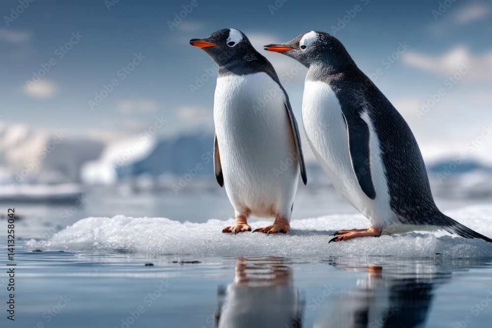 Naklejka premium Two penguins standing on an iceberg in cold waters symbolizes the vulnerability of wildlife to climate change. For articles on global warming and environmental protection.