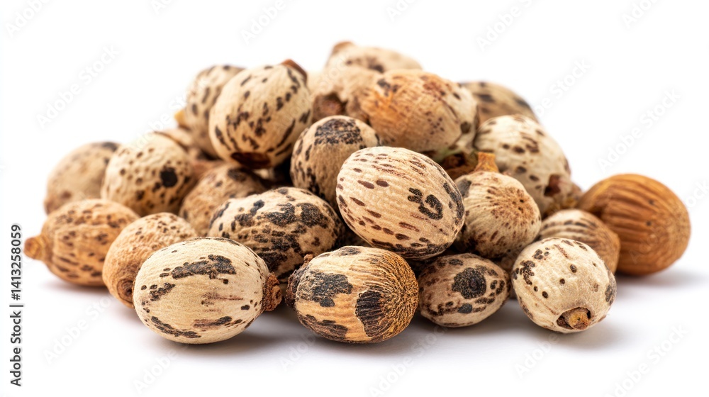Pile of Seeds with Speckled Pattern on White Background