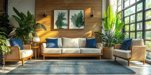 Cozy living room interior with wooden furniture, plants, natural light, and blue accents, creating a tranquil and inviting atmosphere