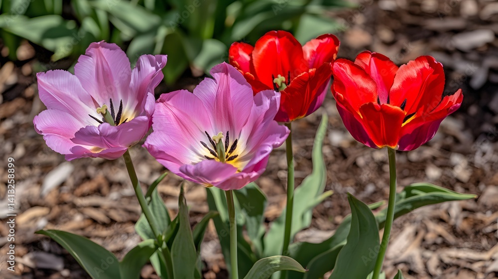 Vibrant Red and Pink Tulips Spring Bloom Garden Flowers Vibrant Red and Pink Tulips Spring Bloom Garden Flowers