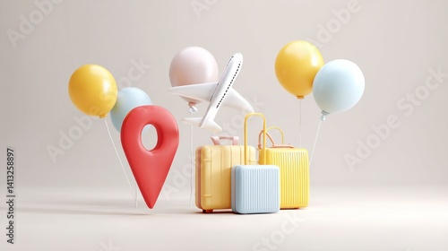 Travel Concept with Plane, Luggage and Balloons Ready for Adventure